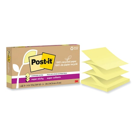 Post It Notes Super Sticky 100% Recycled Paper Super Sticky Notes, 3 x 3, Canary Yellow, 70 Sheets/Pad, 6PK 70007079778